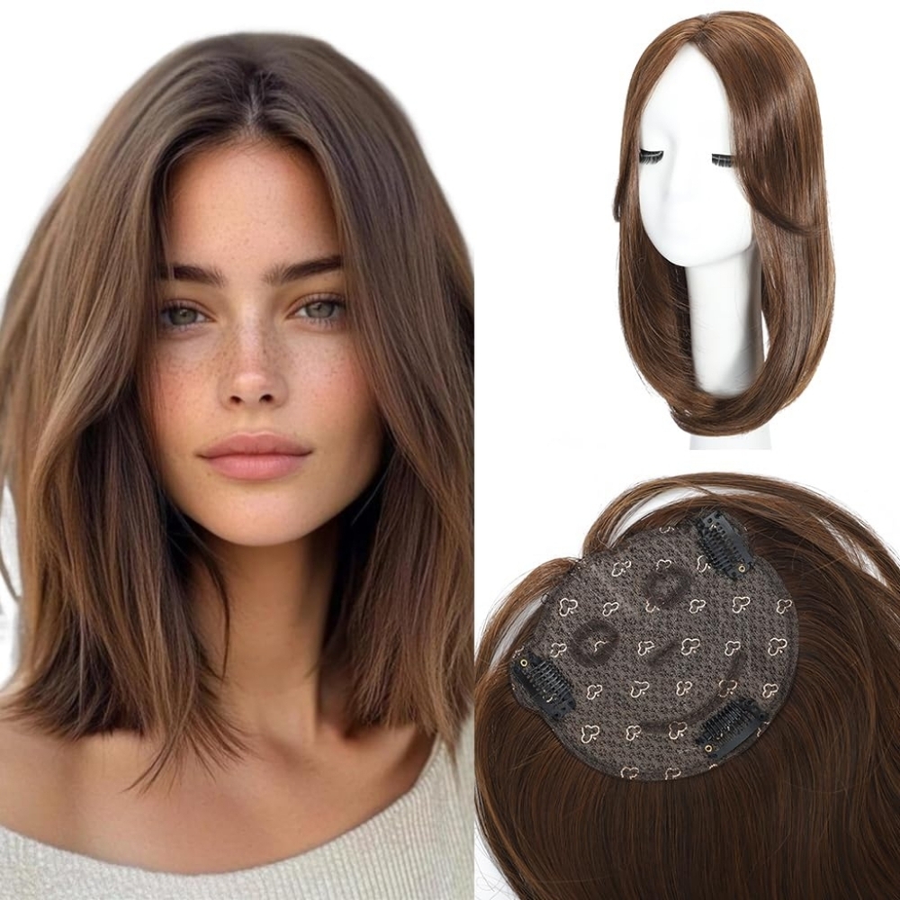 16” 360° Clip-In Hair Topper – Medium Brown Straight Natural Coverage